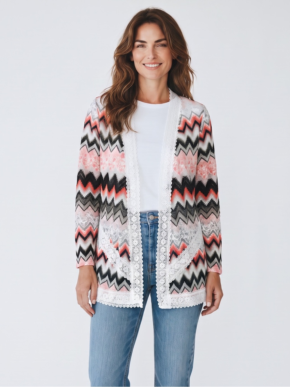 Absolutely Famous - Zigzag Lace-Trim Cardigan - Pink, Black, Gray, Cream